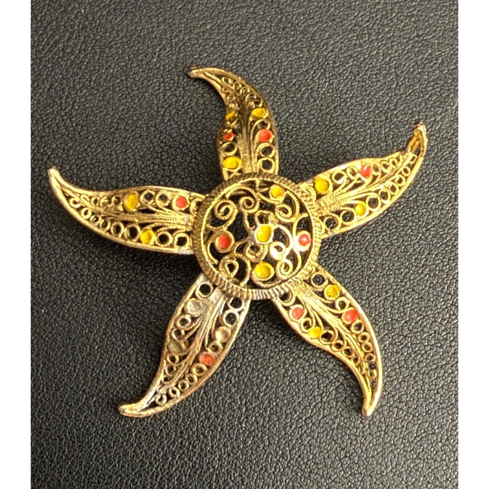 Vintage Star Brooch Gold Tone Red Yellow Enamel Filigree Starfish Nautical